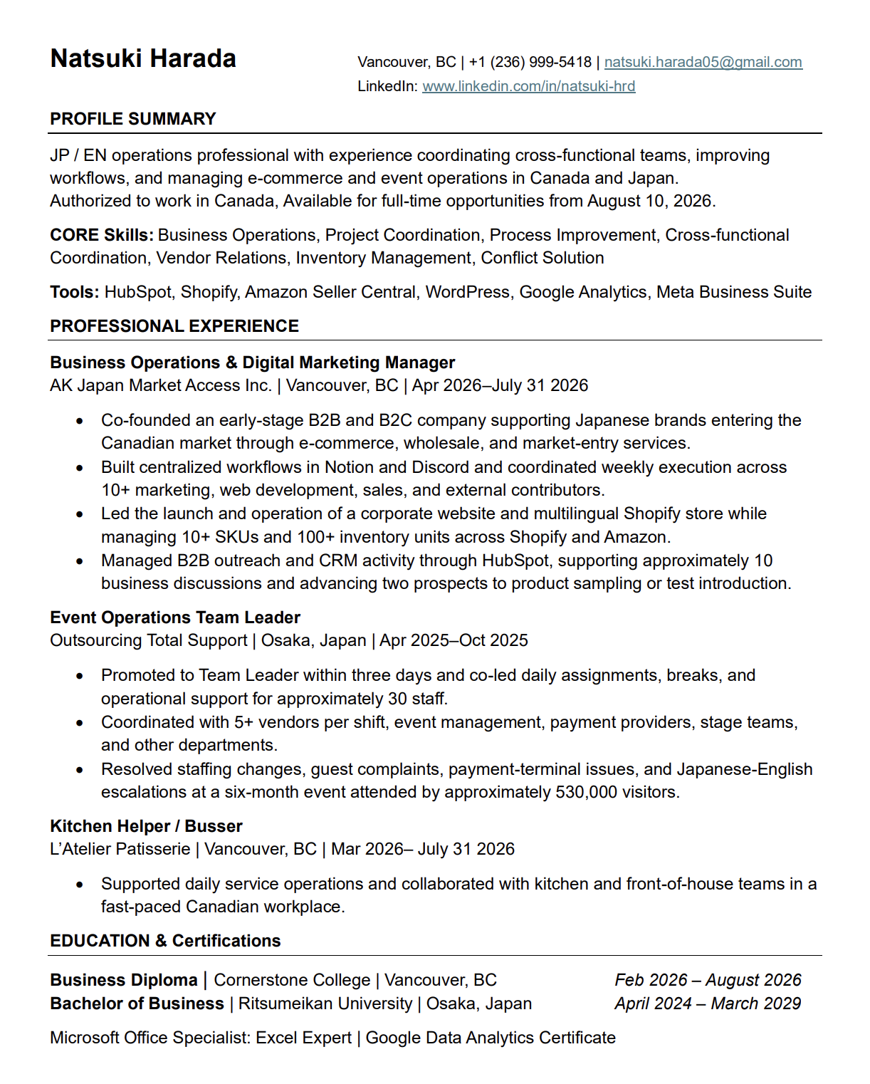 Preview of Natsuki Harada's resume