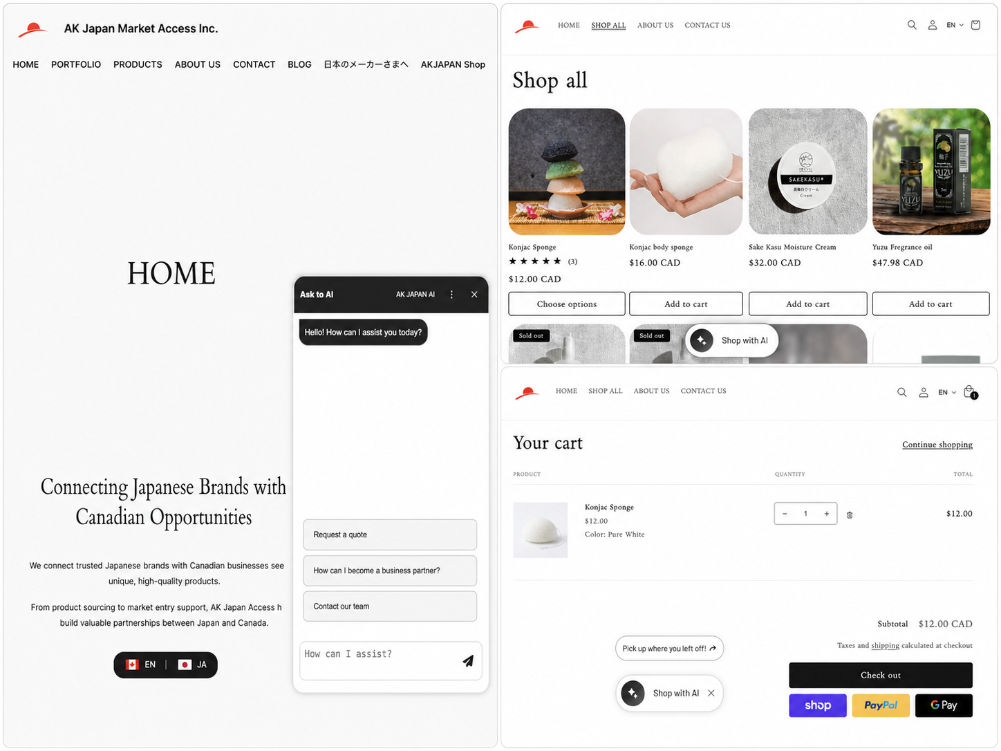 Collage of AK Japan corporate website with AI assistant and Shopify product catalog, cart, and payment experience
