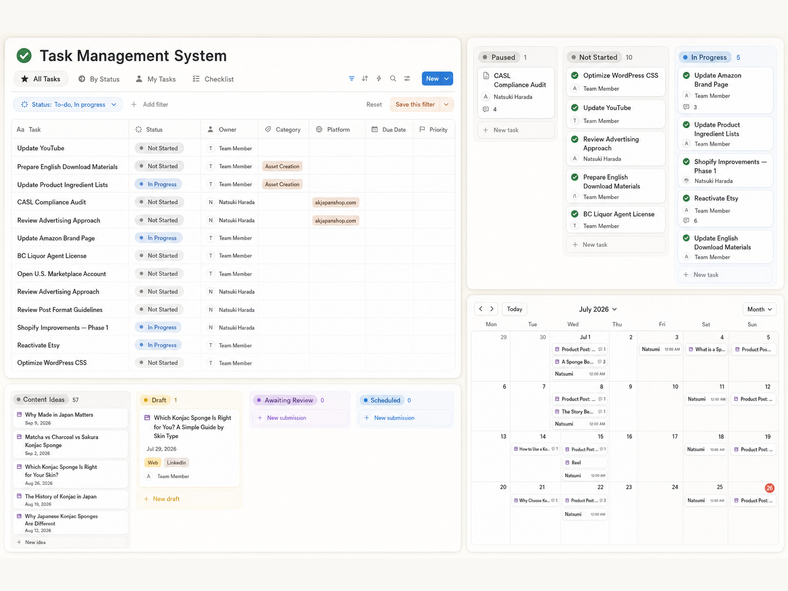 English Notion operations dashboard showing tasks, workflow status, content pipeline, and calendar